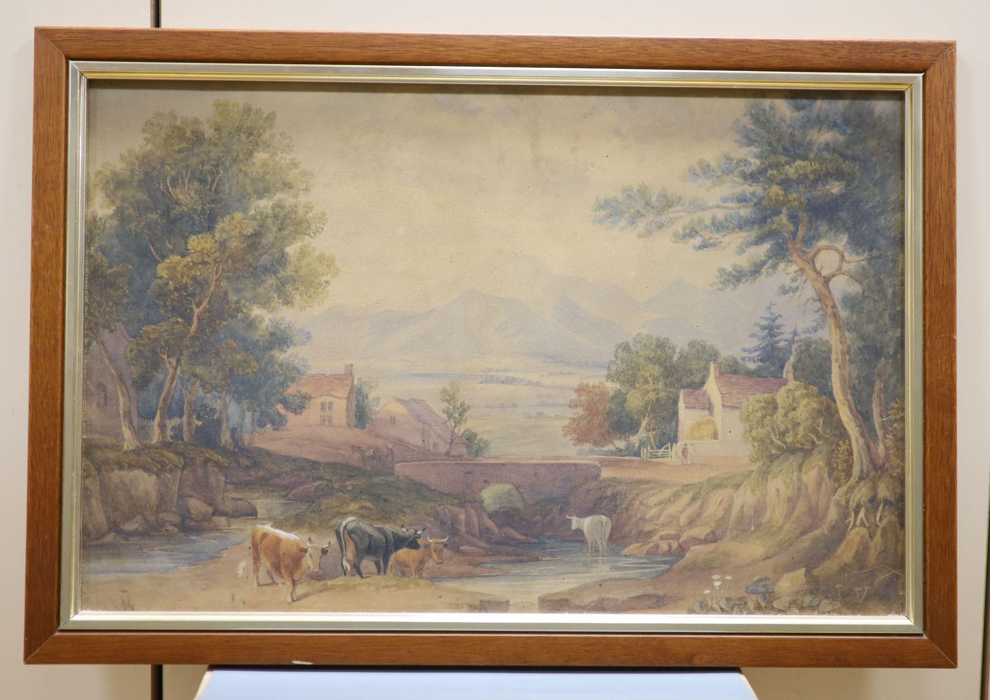 19th century Scottish, pair of watercolours, Figure by a waterfall and Cattle watering, 32 x 47cm and 30 x 47cm